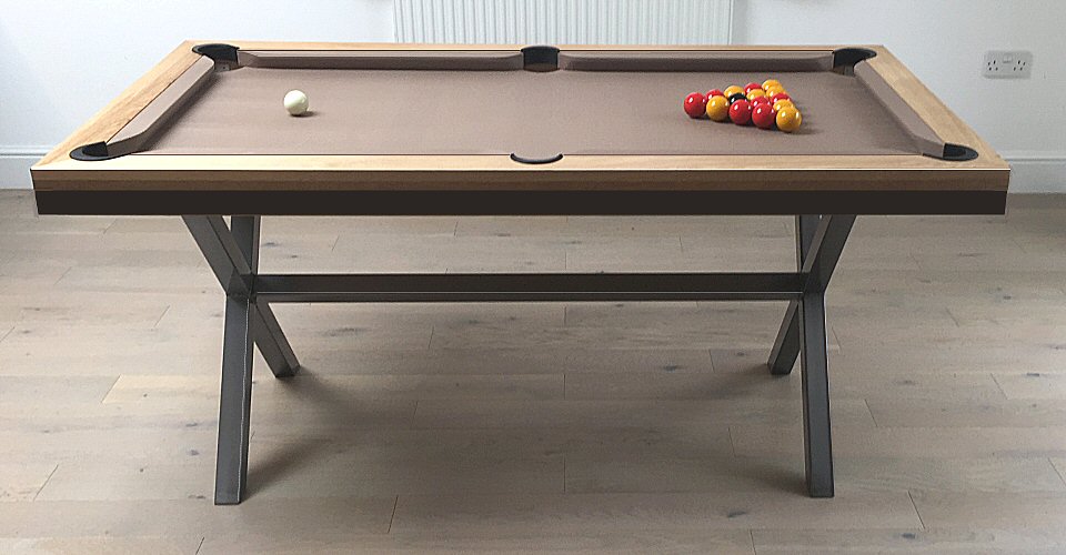 large image oak and black metal pool table