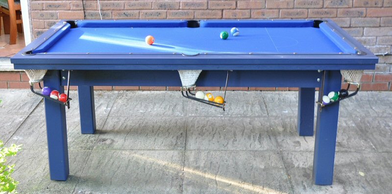 6ft pool table with blue paint finish and rail pockets