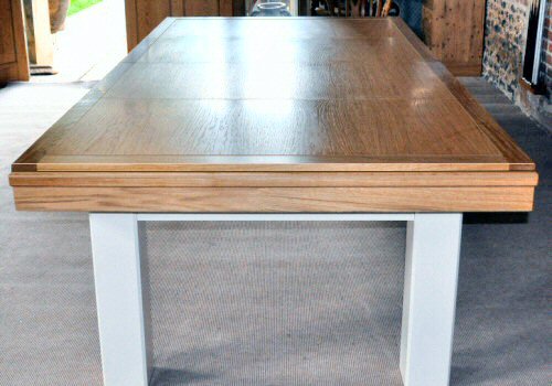 end section of white pine pool dining table with oak top