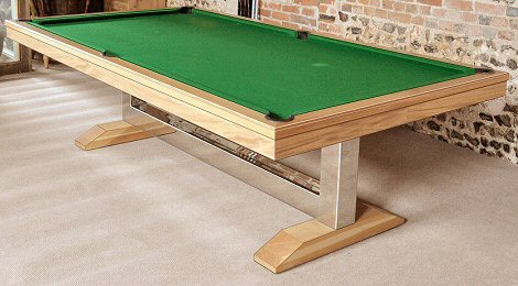 oak and steel pool table with bucket pockets