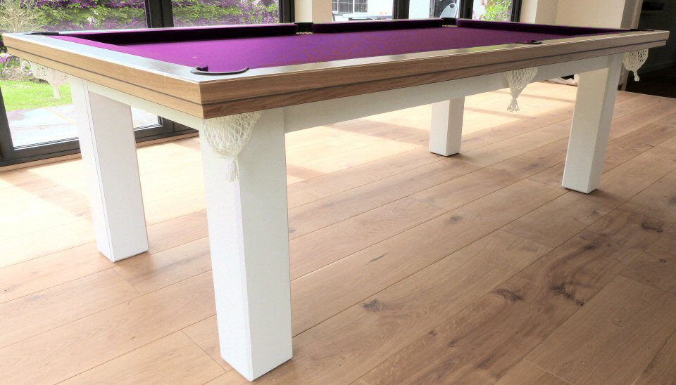 8ft oak and pine pool table with purpe cloth